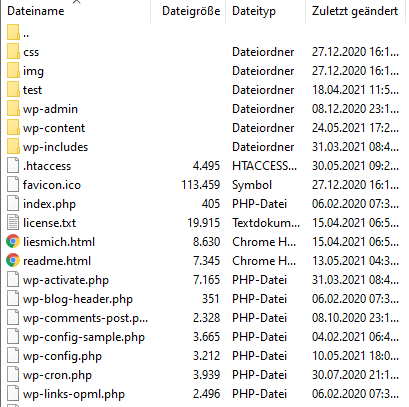 Liste der Verzeichnisse einer WordPress Installation in FileZilla