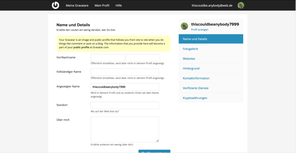 Gravatar Profil bearbeiten
