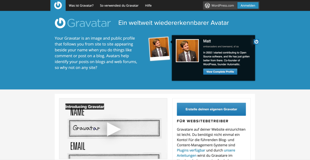 Anmeldung auf der Gravatar-Webseite