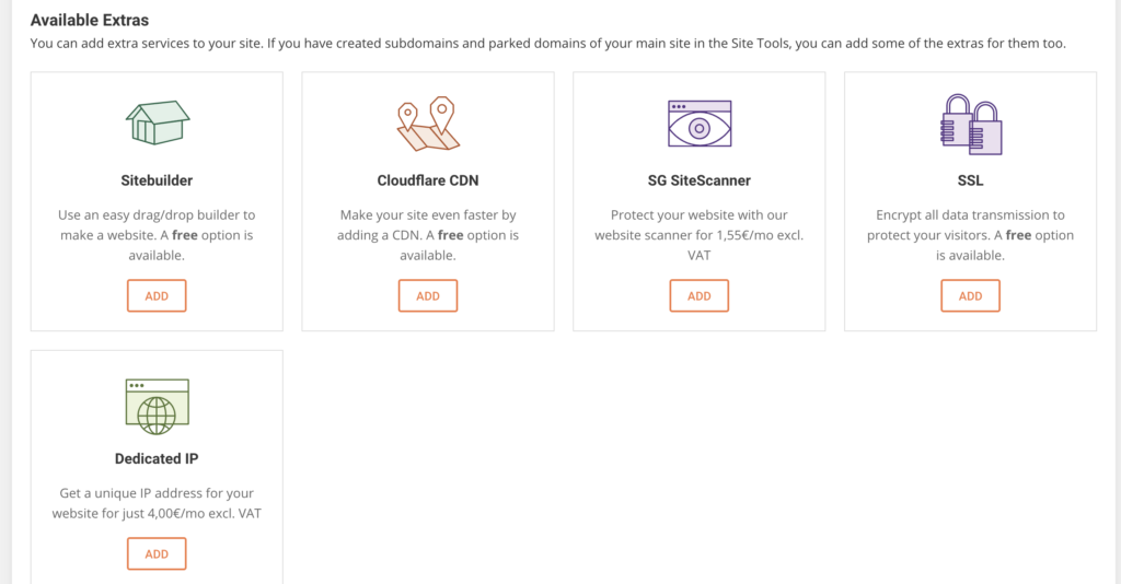 Verfügbare Extras bei Siteground